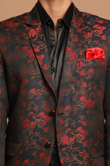 VASTRAMAY Red And Blue Jacquard Blazer Baap Beta Set
